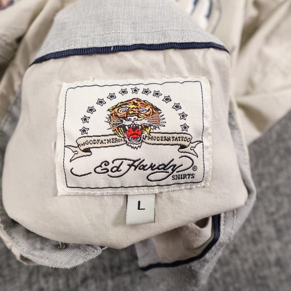 Ed Hardy Shirt Mens Large Beige Tattoo Graphic Love Kills Slowly Western Style - Picture 4 of 15